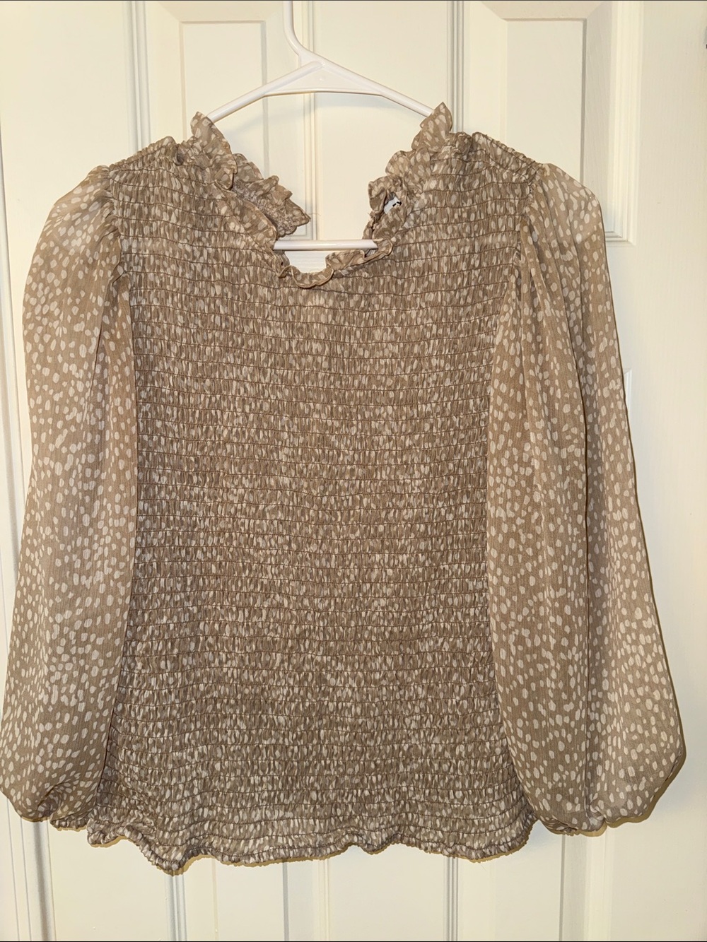Express Neutral Smocked Ruffled Neck Blouse